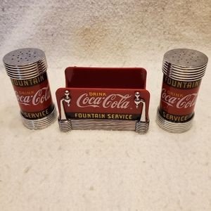 Coca Cola Vtg Fountain Service Chrome Salt And Pepper Shakers W/Tray